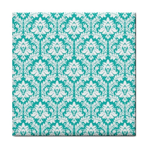 White On Turquoise Damask Ceramic Tile from ArtsNow.com Front