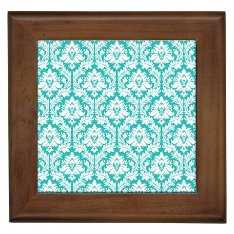 White On Turquoise Damask Framed Ceramic Tile from ArtsNow.com Front