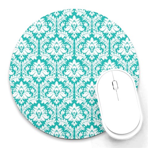 White On Turquoise Damask 8  Mouse Pad (Round) from ArtsNow.com Front