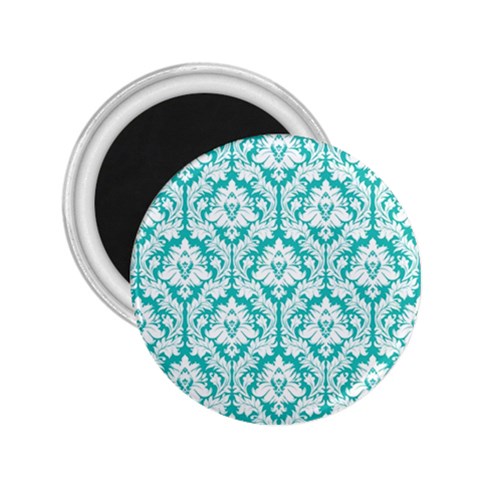 White On Turquoise Damask 2.25  Button Magnet from ArtsNow.com Front