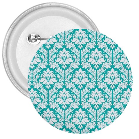 White On Turquoise Damask 3  Button from ArtsNow.com Front