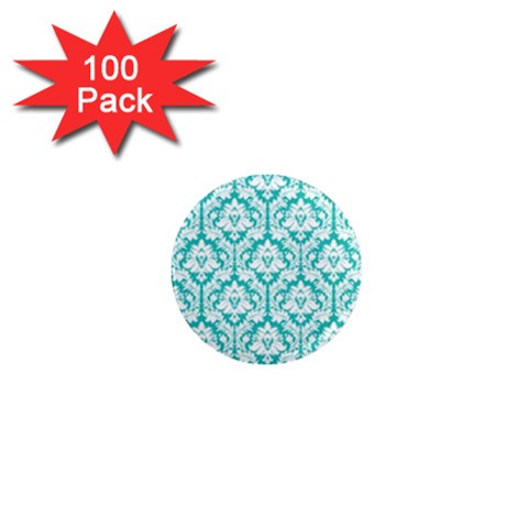 White On Turquoise Damask 1  Mini Button Magnet (100 pack) from ArtsNow.com Front