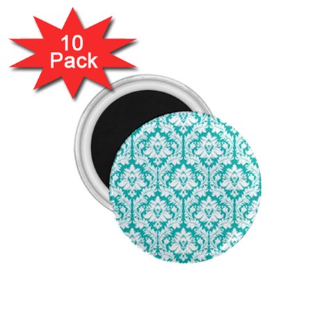 White On Turquoise Damask 1.75  Button Magnet (10 pack) from ArtsNow.com Front