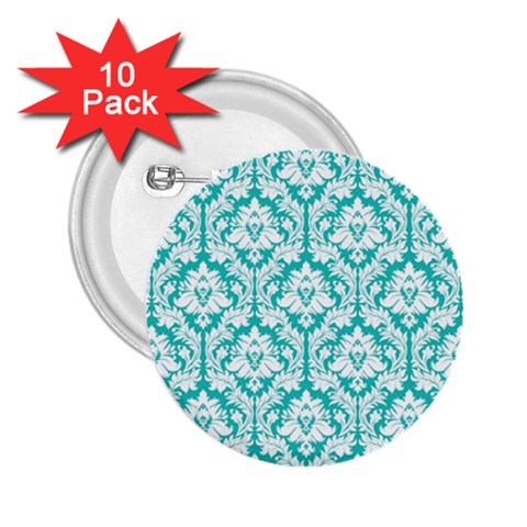 White On Turquoise Damask 2.25  Button (10 pack) from ArtsNow.com Front