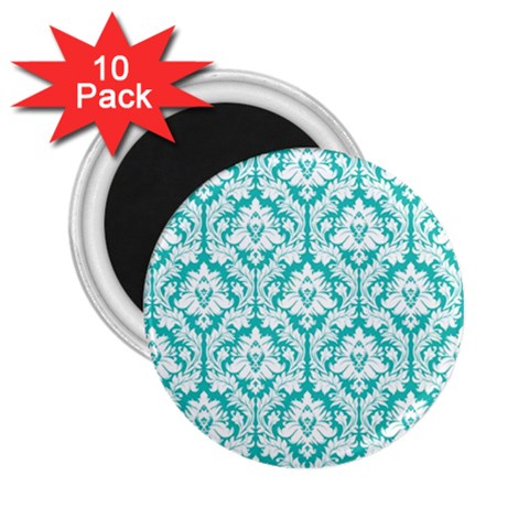 White On Turquoise Damask 2.25  Button Magnet (10 pack) from ArtsNow.com Front