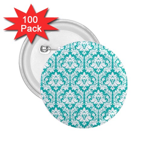 White On Turquoise Damask 2.25  Button (100 pack) from ArtsNow.com Front