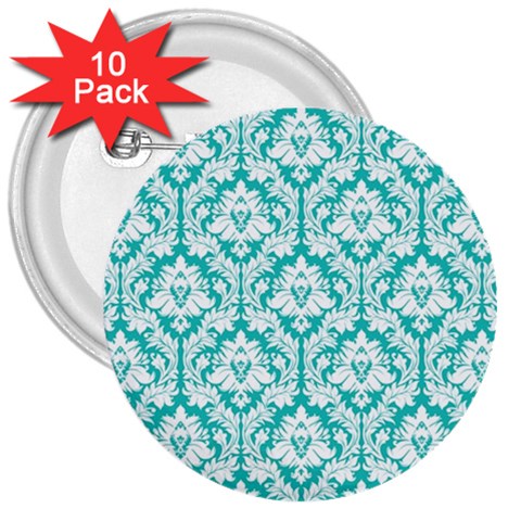 White On Turquoise Damask 3  Button (10 pack) from ArtsNow.com Front