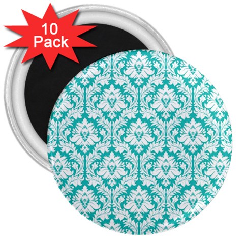 White On Turquoise Damask 3  Button Magnet (10 pack) from ArtsNow.com Front