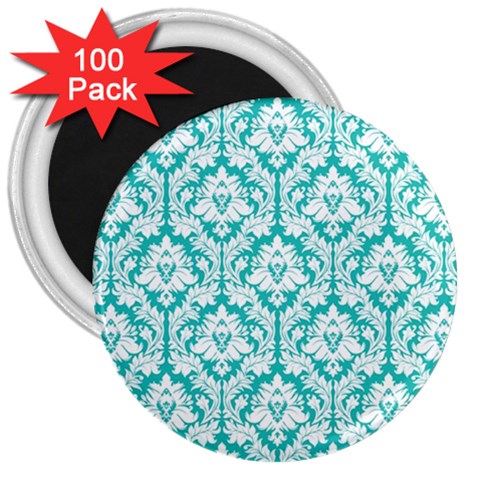 White On Turquoise Damask 3  Button Magnet (100 pack) from ArtsNow.com Front