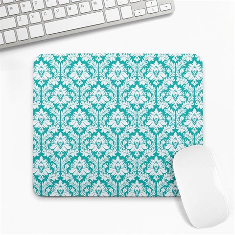 White On Turquoise Damask Large Mouse Pad (Rectangle) from ArtsNow.com Front