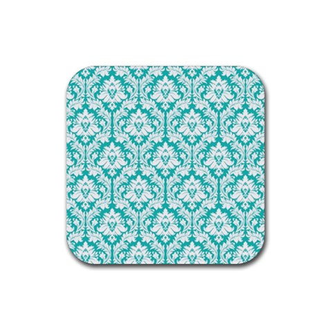 White On Turquoise Damask Drink Coaster (Square) from ArtsNow.com Front