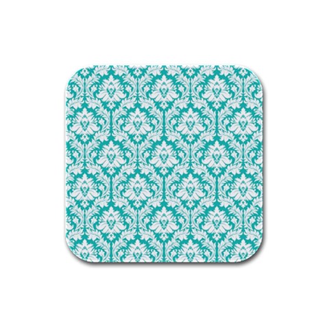 White On Turquoise Damask Drink Coasters 4 Pack (Square) from ArtsNow.com Front