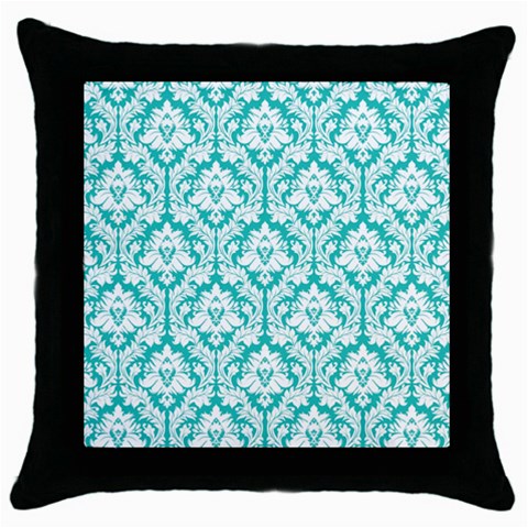 White On Turquoise Damask Black Throw Pillow Case from ArtsNow.com Front