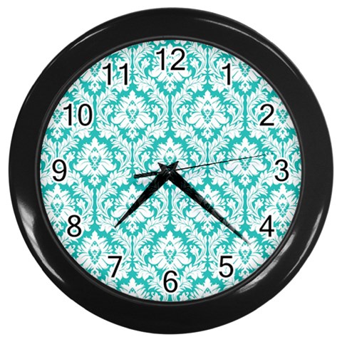 White On Turquoise Damask Wall Clock (Black) from ArtsNow.com Front