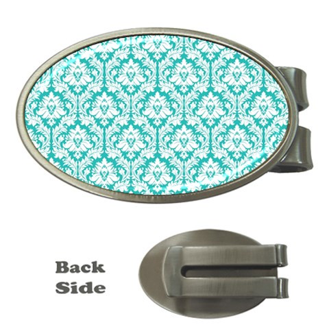 White On Turquoise Damask Money Clip (Oval) from ArtsNow.com Front