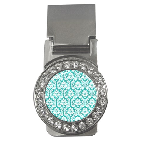 White On Turquoise Damask Money Clip (CZ) from ArtsNow.com Front