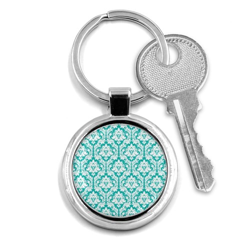 White On Turquoise Damask Key Chain (Round) from ArtsNow.com Front