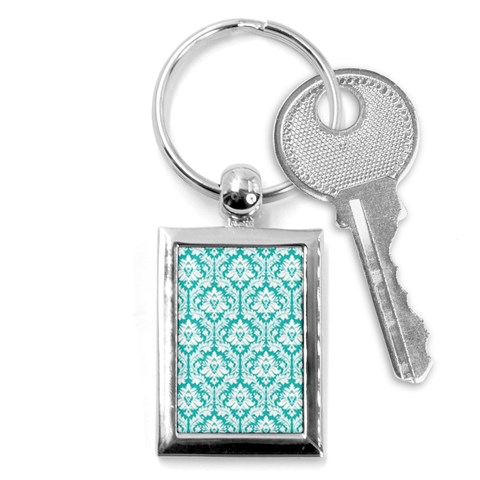 White On Turquoise Damask Key Chain (Rectangle) from ArtsNow.com Front