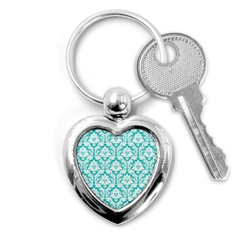 White On Turquoise Damask Key Chain (Heart) from ArtsNow.com Front