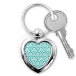 White On Turquoise Damask Key Chain (Heart)