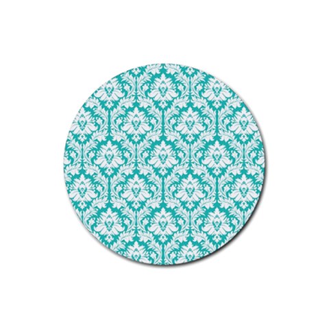 White On Turquoise Damask Drink Coaster (Round) from ArtsNow.com Front