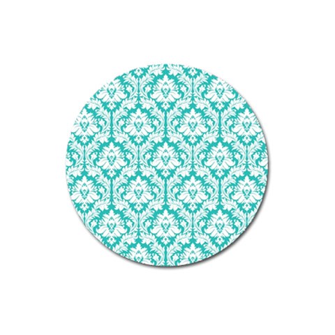 White On Turquoise Damask Magnet 3  (Round) from ArtsNow.com Front