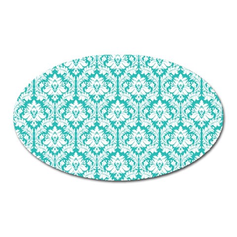 White On Turquoise Damask Magnet (Oval) from ArtsNow.com Front