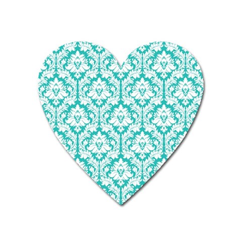 White On Turquoise Damask Magnet (Heart) from ArtsNow.com Front