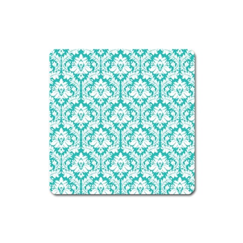 White On Turquoise Damask Magnet (Square) from ArtsNow.com Front