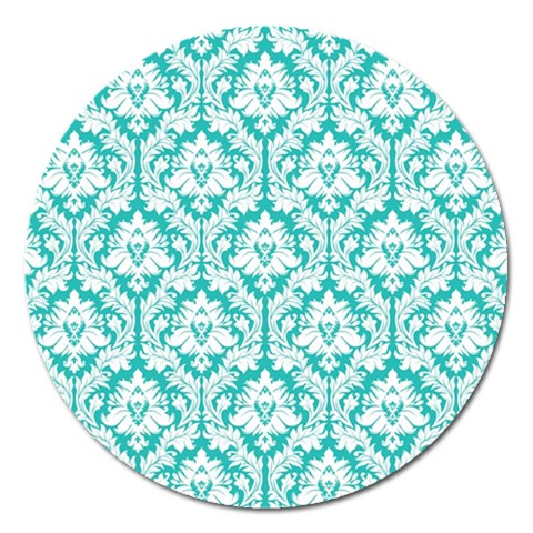 White On Turquoise Damask Magnet 5  (Round) from ArtsNow.com Front