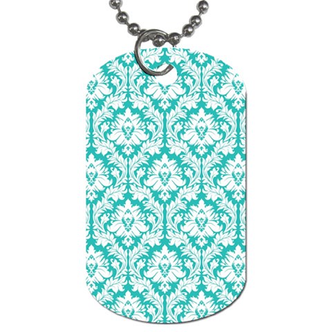 White On Turquoise Damask Dog Tag (One Sided) from ArtsNow.com Front