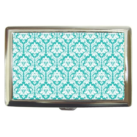 White On Turquoise Damask Cigarette Money Case from ArtsNow.com Front