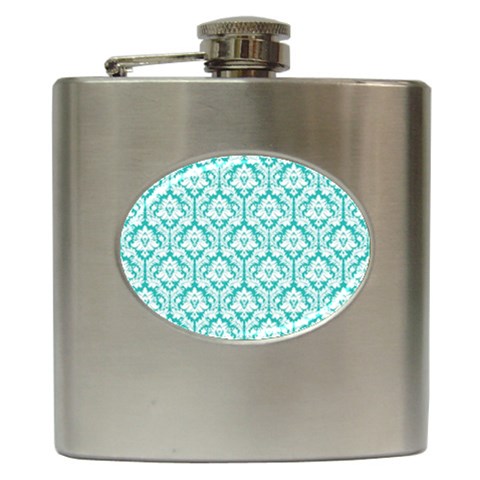 White On Turquoise Damask Hip Flask from ArtsNow.com Front