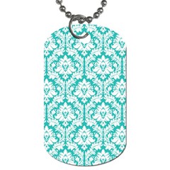 White On Turquoise Damask Dog Tag (Two Back