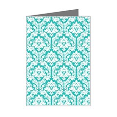 White On Turquoise Damask Mini Greeting Card from ArtsNow.com Left