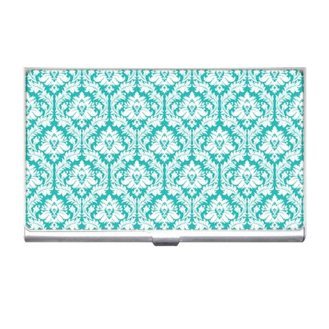 White On Turquoise Damask Business Card Holder from ArtsNow.com Front