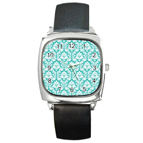 White On Turquoise Damask Square Leather Watch from ArtsNow.com Front