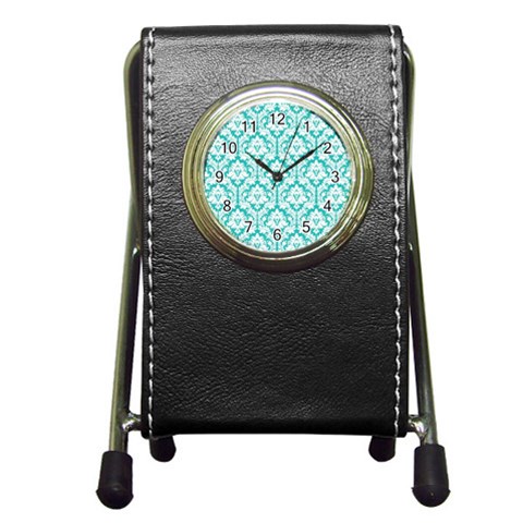 White On Turquoise Damask Stationery Holder Clock from ArtsNow.com Front