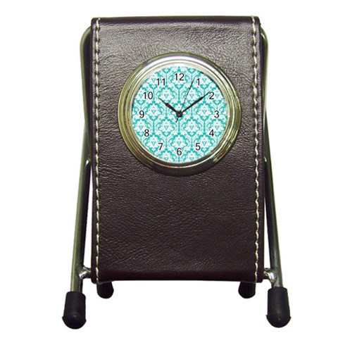 White On Turquoise Damask Stationery Holder Clock from ArtsNow.com Front