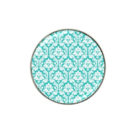 White On Turquoise Damask Golf Ball Marker (for Hat Clip) from ArtsNow.com Front