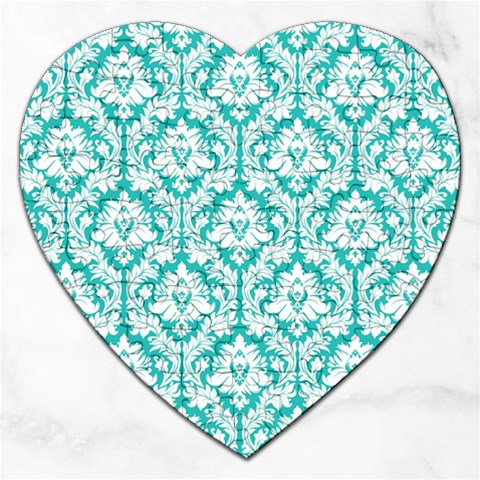 White On Turquoise Damask Jigsaw Puzzle (Heart) from ArtsNow.com Front