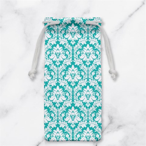 White On Turquoise Damask Jewelry Bag from ArtsNow.com Front