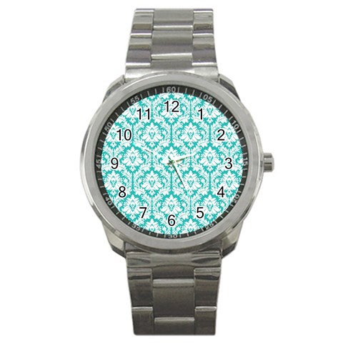 White On Turquoise Damask Sport Metal Watch from ArtsNow.com Front