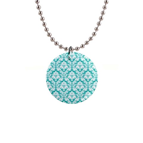 Turquoise Damask Pattern 1  Button Necklace from ArtsNow.com Front