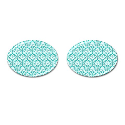 White On Turquoise Damask Cufflinks (Oval) from ArtsNow.com Front(Pair)