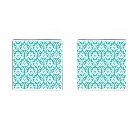 White On Turquoise Damask Cufflinks (Square) from ArtsNow.com Front(Pair)