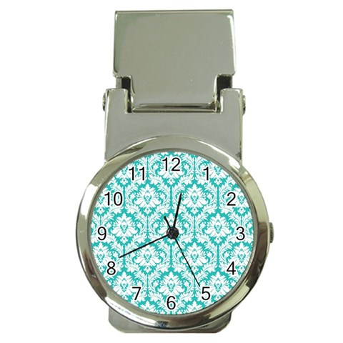 White On Turquoise Damask Money Clip with Watch from ArtsNow.com Front