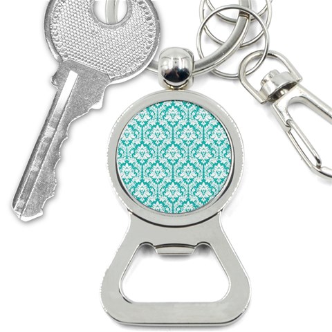 White On Turquoise Damask Bottle Opener Key Chain from ArtsNow.com Front