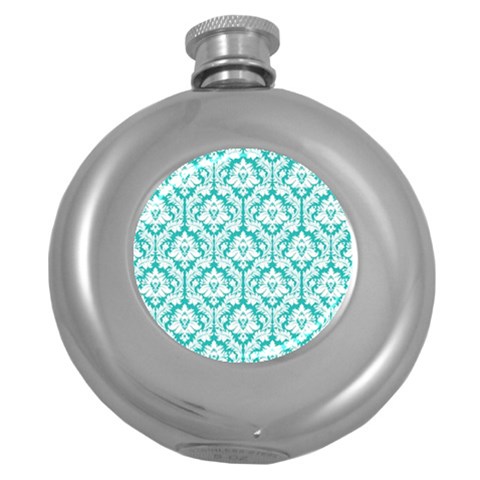 White On Turquoise Damask Hip Flask (Round) from ArtsNow.com Front