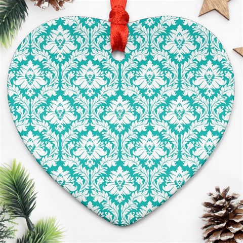 White On Turquoise Damask Heart Ornament (Two Sides) from ArtsNow.com Front